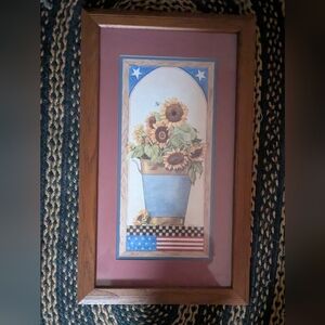 Home Interiors RARE Oak Framed-Matted Signed Print Picture Americana Sunflowers